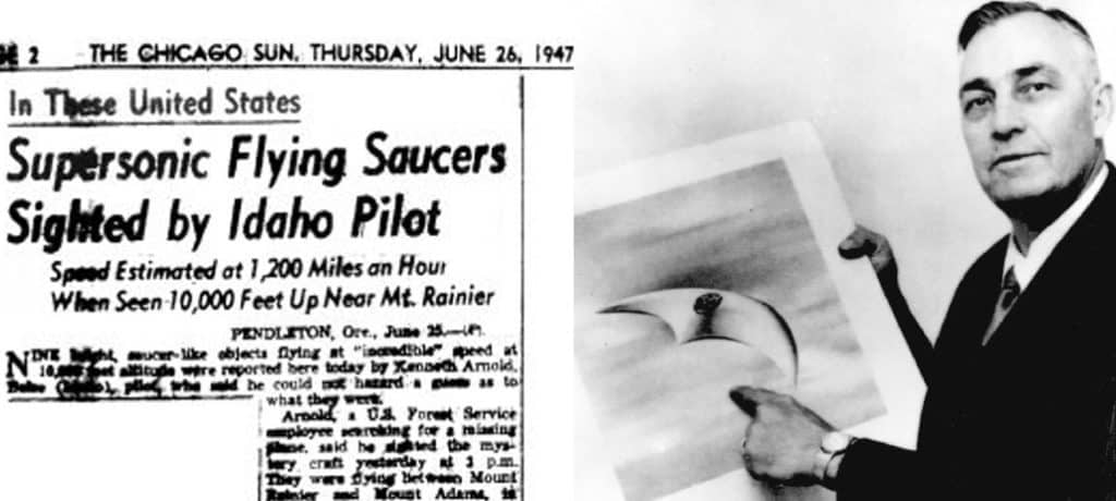 Kenneth Arnold with a drawing of his UFO sighting