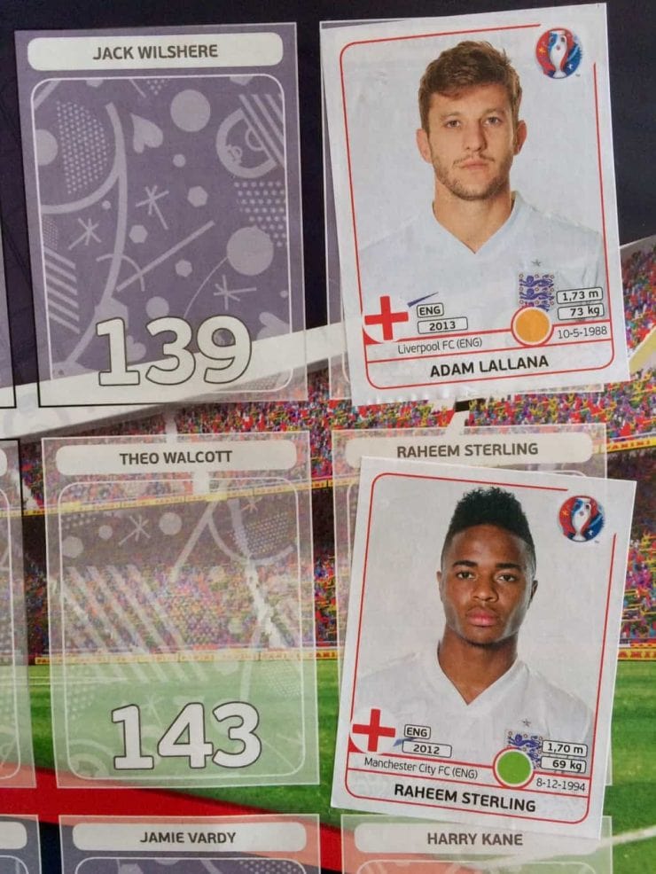 An Euro 2016 stcker album featuring England players Adam Lallana and Raheem Sterling