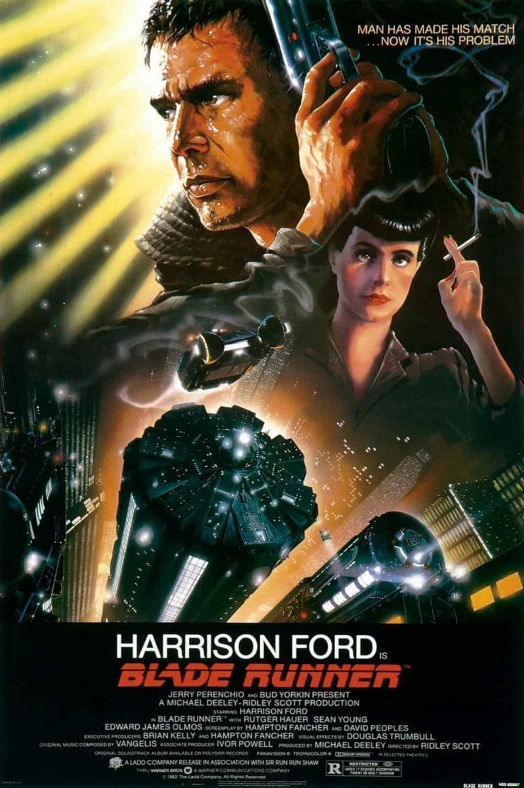 Original Blade Runner film poster featuring Harrison Ford holding a gun