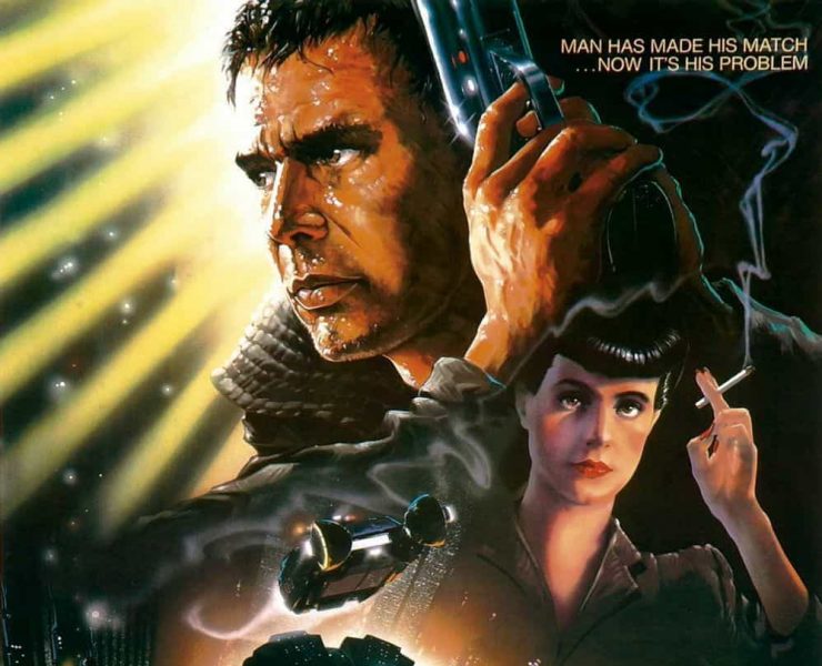 Original Blade Runner film poster featuring Harrison Ford holding a gun