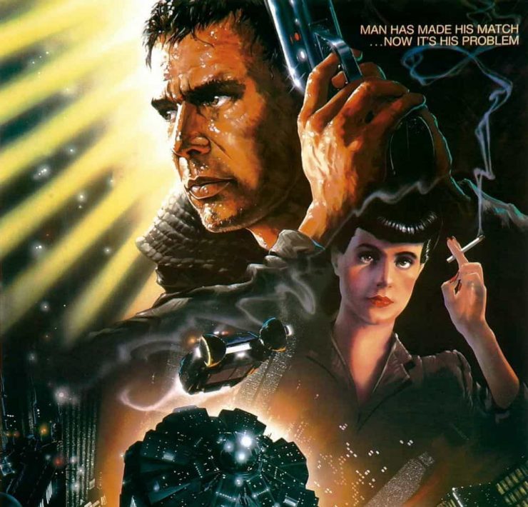 Original Blade Runner film poster featuring Harrison Ford holding a gun