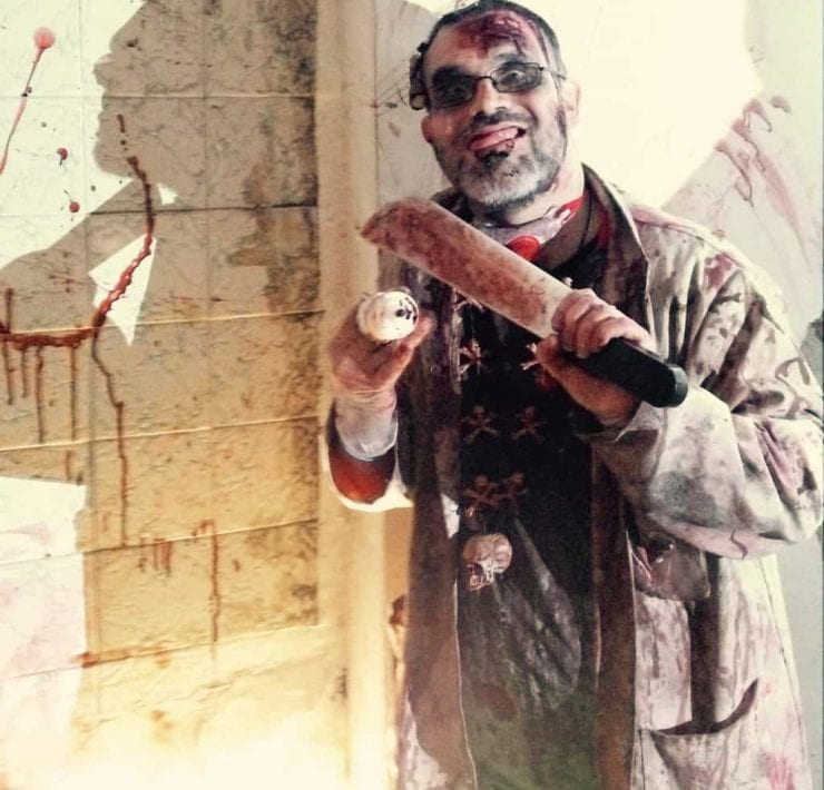 Evil doctor from terror attraction covered in blood from Southport scare attraction Zombie Zoo