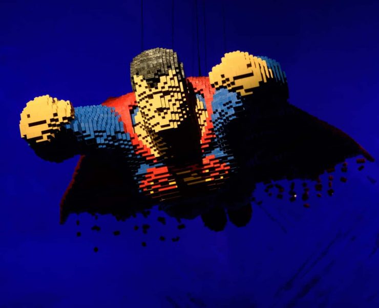 LEGO sculpture of Superman from London, UK. 28.02.2017. THE ART OF THE BRICK: DC SUPER HEROES - Artist Nathan Sawaya returns to London with the world's largest LEGO exhibition, inspired by Batman, Superman, and Wonder Woman. The exhibition opens, in a purpose-built marquee in Doon Street car park, Upper Ground, on the South Bank. Photograph © Jane Hobson.