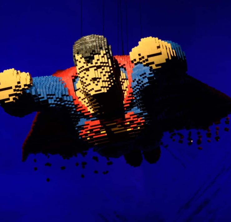 LEGO sculpture of Superman from London, UK. 28.02.2017. THE ART OF THE BRICK: DC SUPER HEROES - Artist Nathan Sawaya returns to London with the world's largest LEGO exhibition, inspired by Batman, Superman, and Wonder Woman. The exhibition opens, in a purpose-built marquee in Doon Street car park, Upper Ground, on the South Bank. Photograph © Jane Hobson.