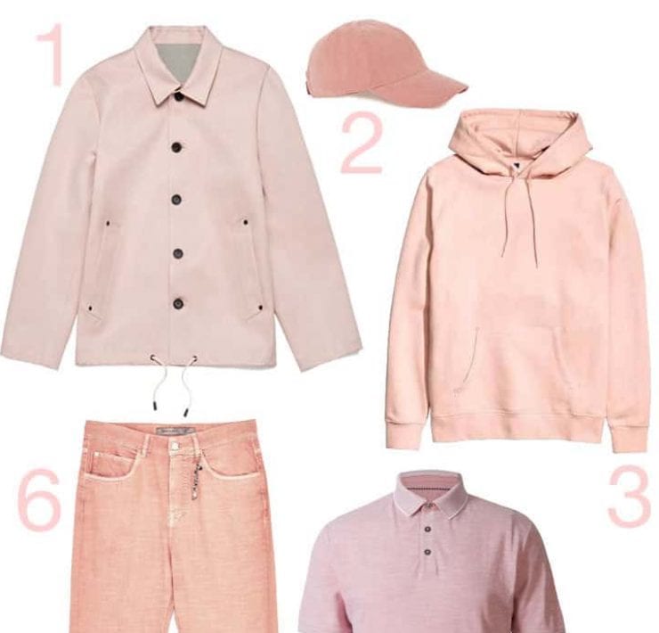 A style edit of 6 articles of men's clothing all in this season's (Spring/Summer) colour of pale pink.