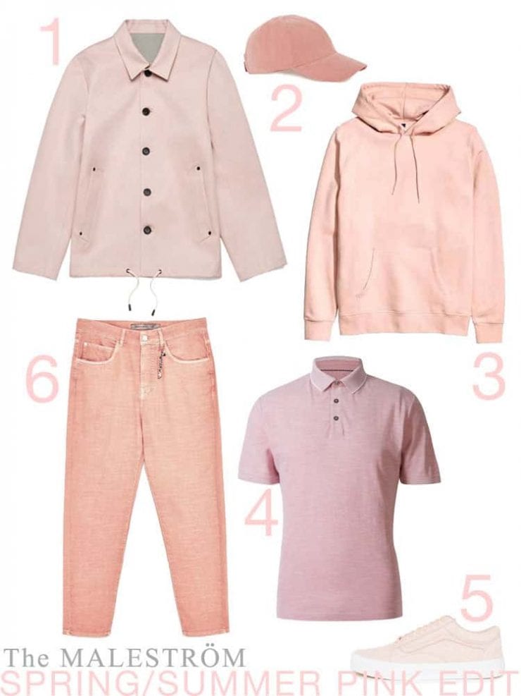 A style edit of 6 articles of men's clothing all in this season's (Spring/Summer) colour of pale pink.