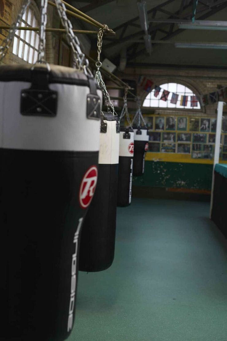 A row of heavy bags in a boxing gym