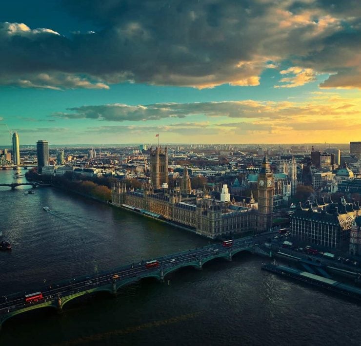 A picture of the London Skyline with Westminster Bridge in the foreground