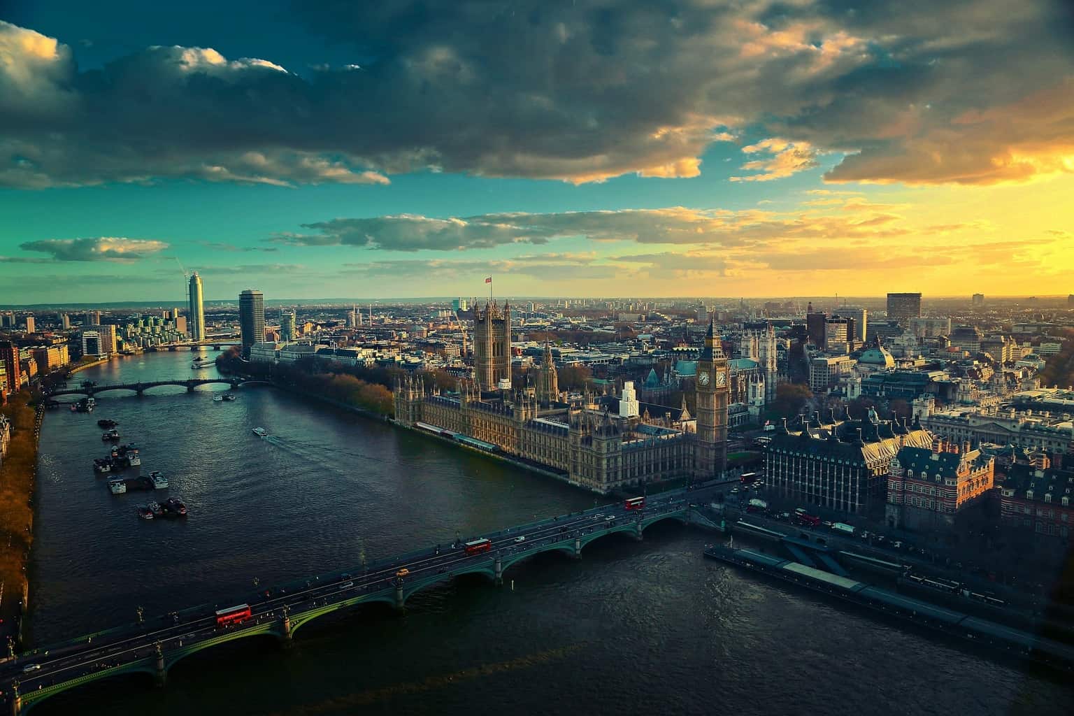 A picture of the London Skyline with Westminster Bridge in the foreground