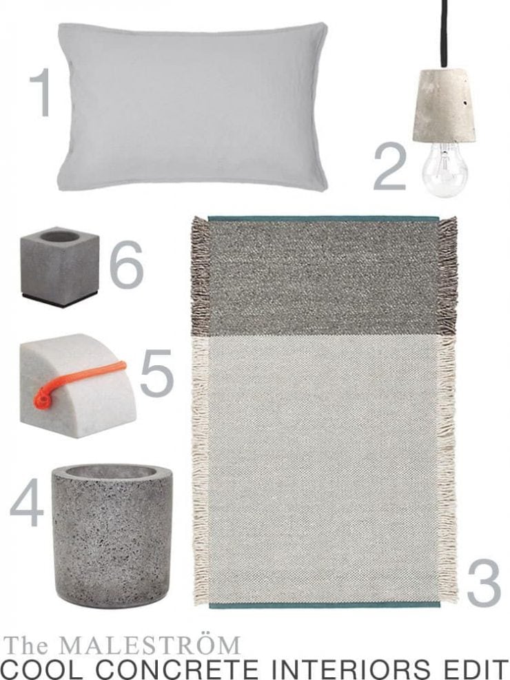 A montage of images of objects made of concrete for an interiors style feature on The MALESTROM. Objects include a concrete doorstop, plant pot and lamp