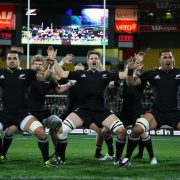 The New Zealand All Blacks performing their pre match ritual of th Haka