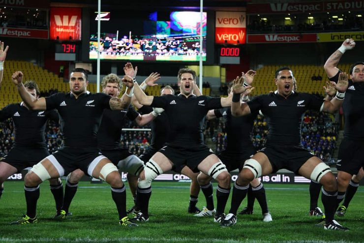 The New Zealand All Blacks performing their pre match ritual of th Haka