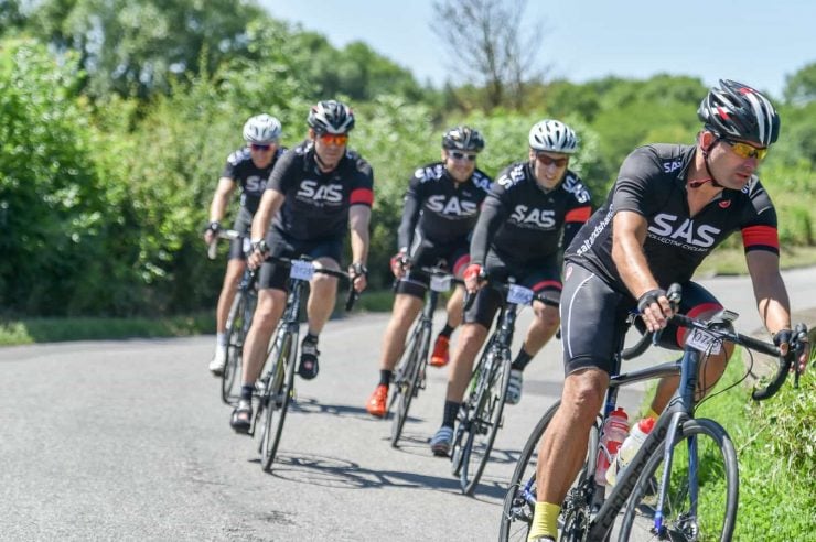Five cyclists take a corner during Bristol's Great Western Ride one of the best cycling events in Britain