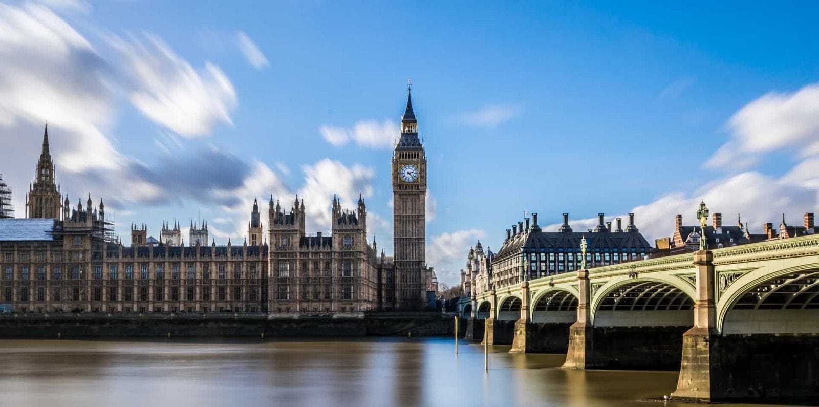 The Palace Of Westminster with Big Ben in centre of shot. Taken from opposite side of Thames