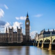 The Palace Of Westminster with Big Ben in centre of shot. Taken from opposite side of Thames