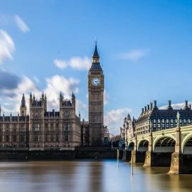 The Palace Of Westminster with Big Ben in centre of shot. Taken from opposite side of Thames