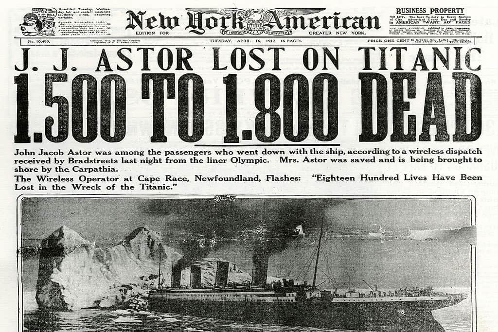 Newspaper headline about The Titanic sinking