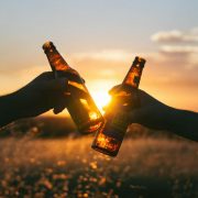 Hands 'Cheers' beer bottles together