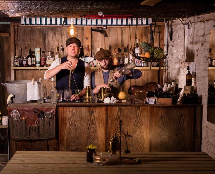 Chris Edwards & Dave Tregenza making winter cocktails behind a bar