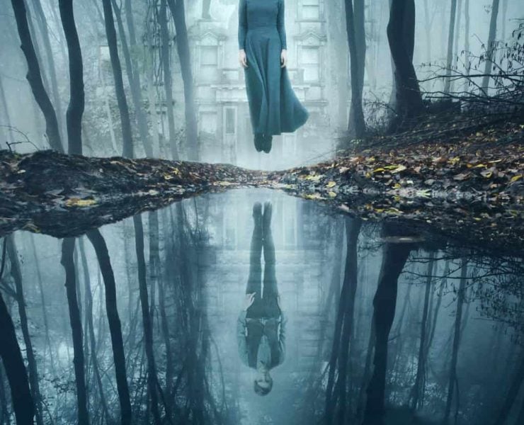 A ghostly figure of a woman hovers above a lake from film The Lodgers filmed at Loftus Hall