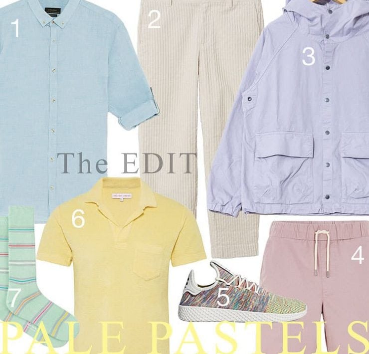 A selection of pale pastel coloured clothing items for men