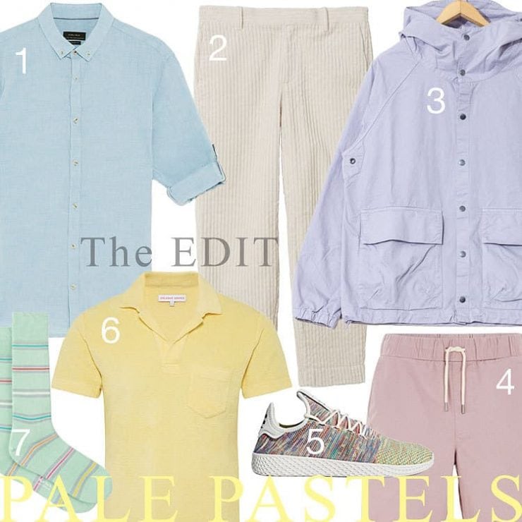A selection of pale pastel coloured clothing items for men