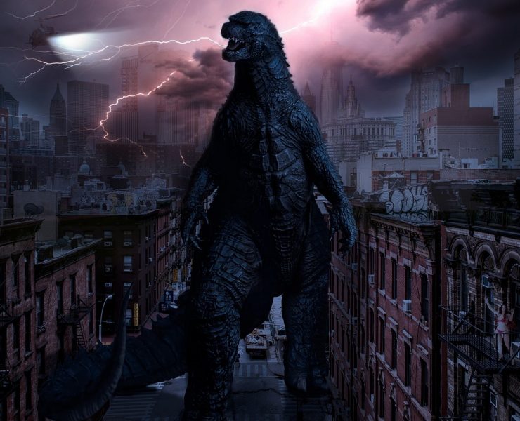 godzilla walking through buildings
