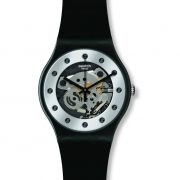 A black swatch watch with a sliver face