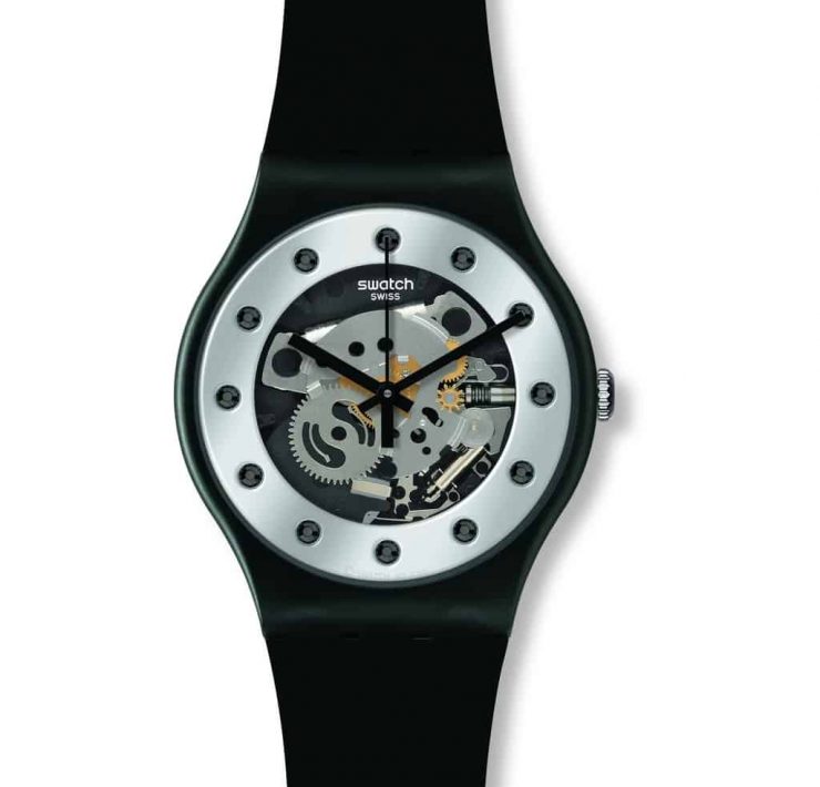 A black swatch watch with a sliver face