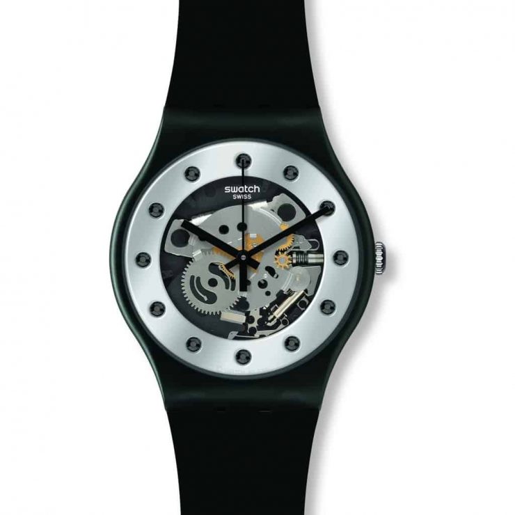 A black swatch watch with a sliver face