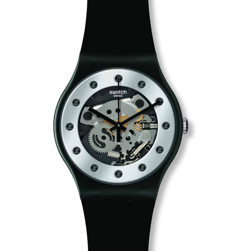 A black swatch watch with a sliver face