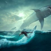 illustration of a big shark jumping from water near a surfer
