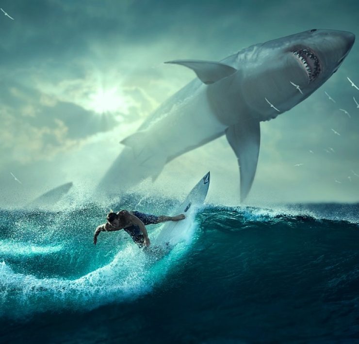 illustration of a big shark jumping from water near a surfer
