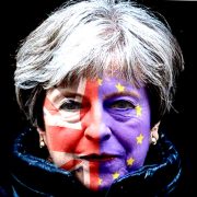 Theresa May with half EU flag / half Union Jack on her face