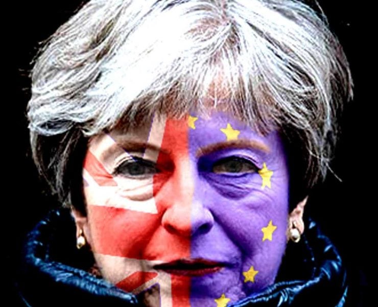 Theresa May with half EU flag / half Union Jack on her face