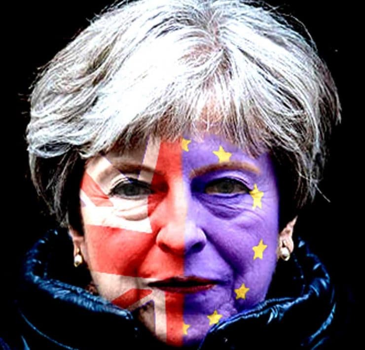 Theresa May with half EU flag / half Union Jack on her face