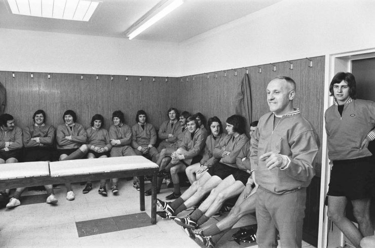 Bill Shankly addresses the Liverpool players in the dressing room