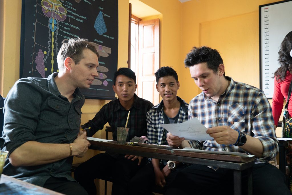 Founders of Gandys London Rob and Paul at a school in Nepal