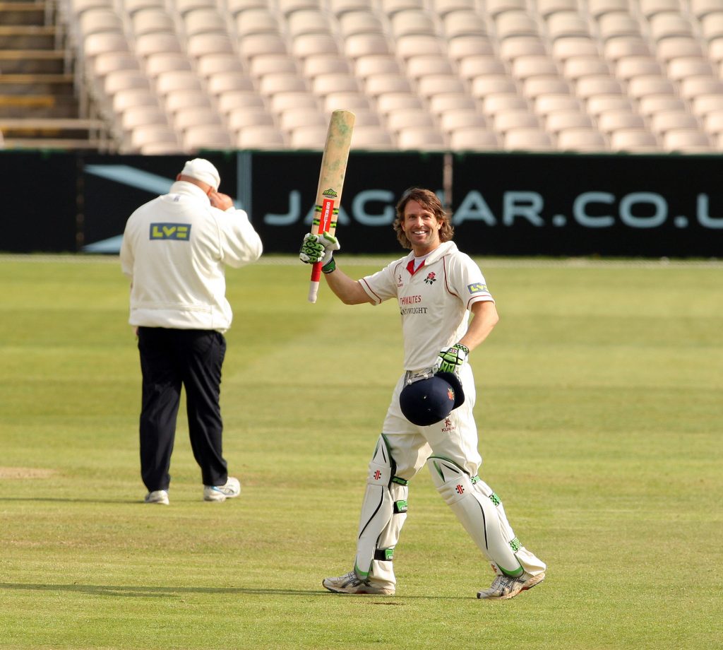 Luke Sutton after scoring a century for Lancashire v Somerset in 2010. Credit: Simon Pendrigh