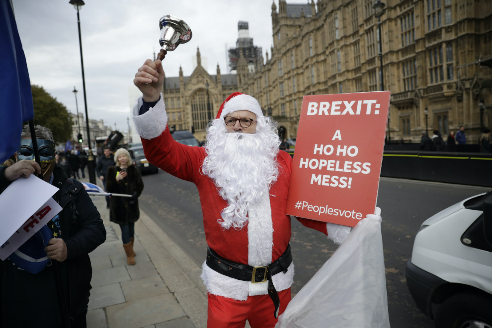 A man dressed as Santa protests Brexit in Westminster