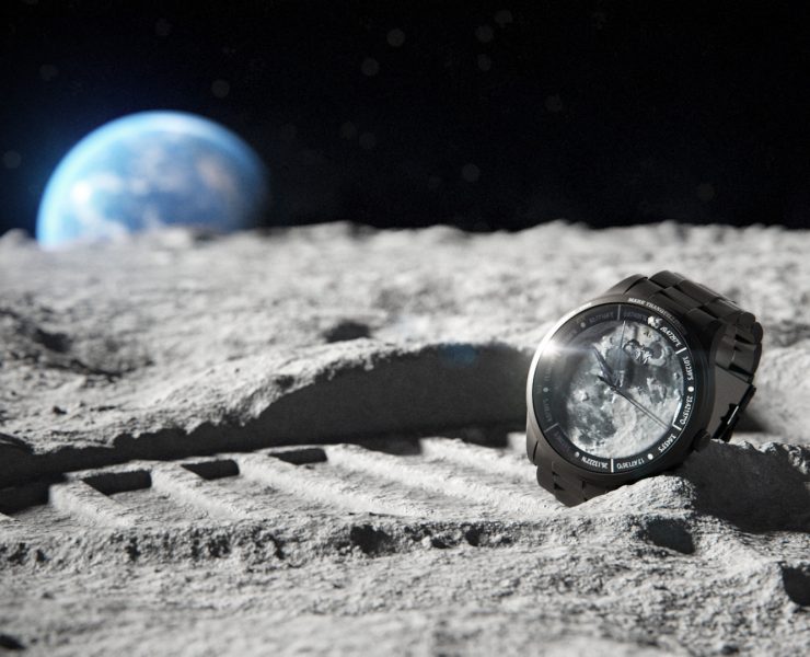 Col&MacArthur Lunar 1969 Watch sat in a footprint on the 'moon'