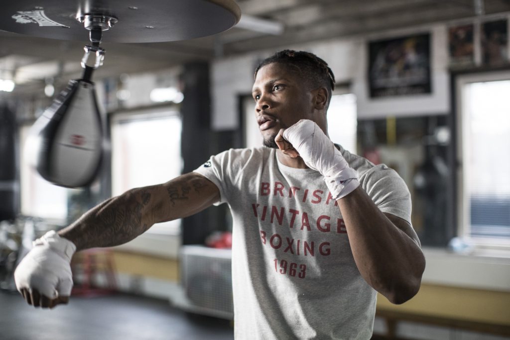 Cruiserweight prospect Mikael Lawal photographed at Stonebridge Boxing Club for British vintage boxing .<br /> London 4 February 2018<br /> Licenced to British Vintage Boxing for PR use Print and Digital inc Social Media .Copyright remains with the photographer .