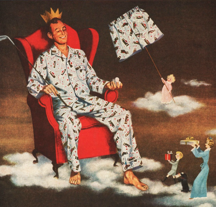 Retro picture of a father in a throne with a crown on getting presents from family