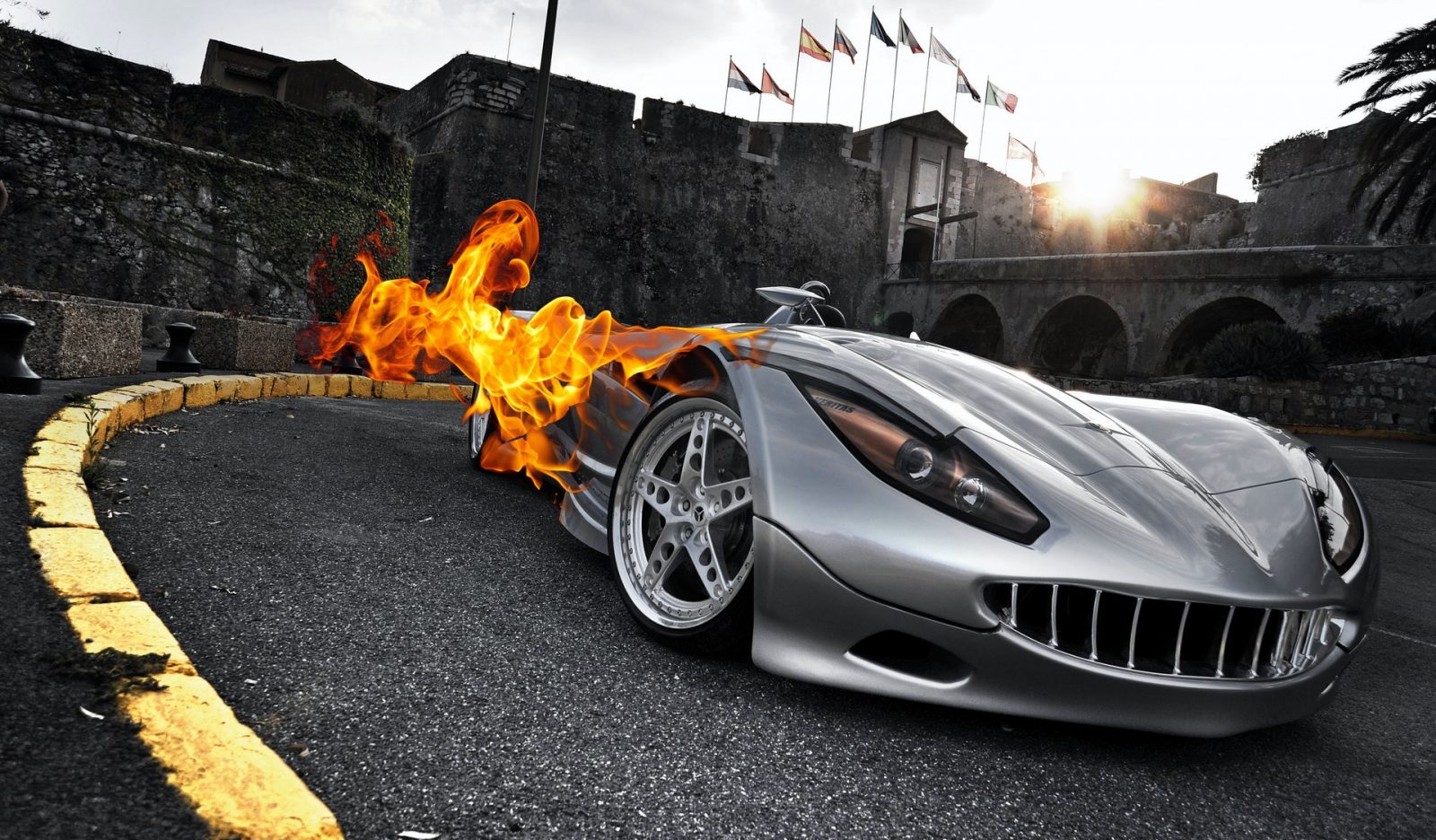 Silver car on fire