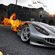 Silver car on fire