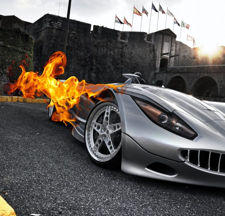 Silver car on fire