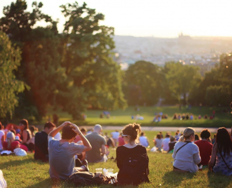 Groups of people sat in a park