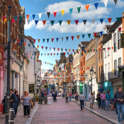 busy high street decked in bunting