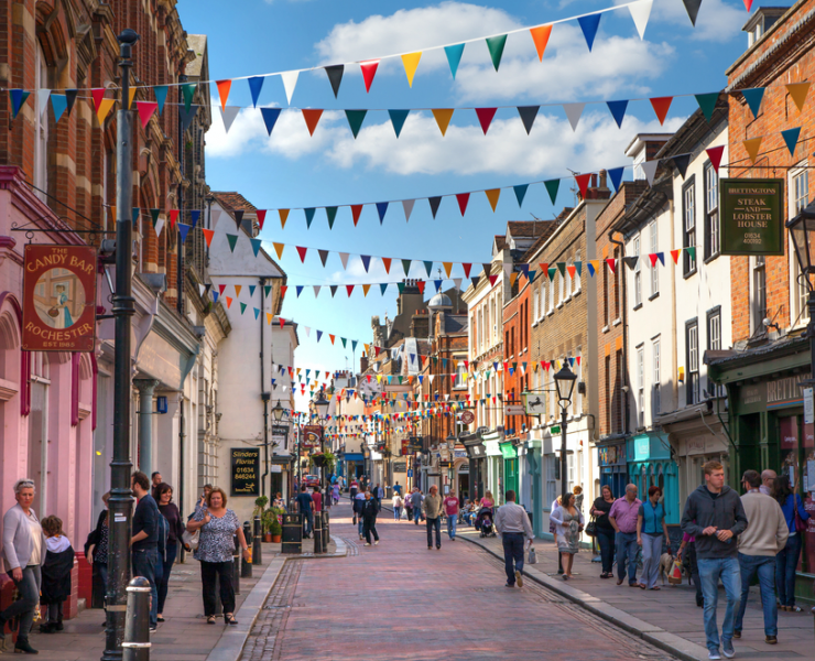 busy high street decked in bunting