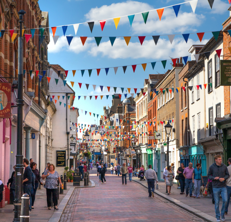 busy high street decked in bunting
